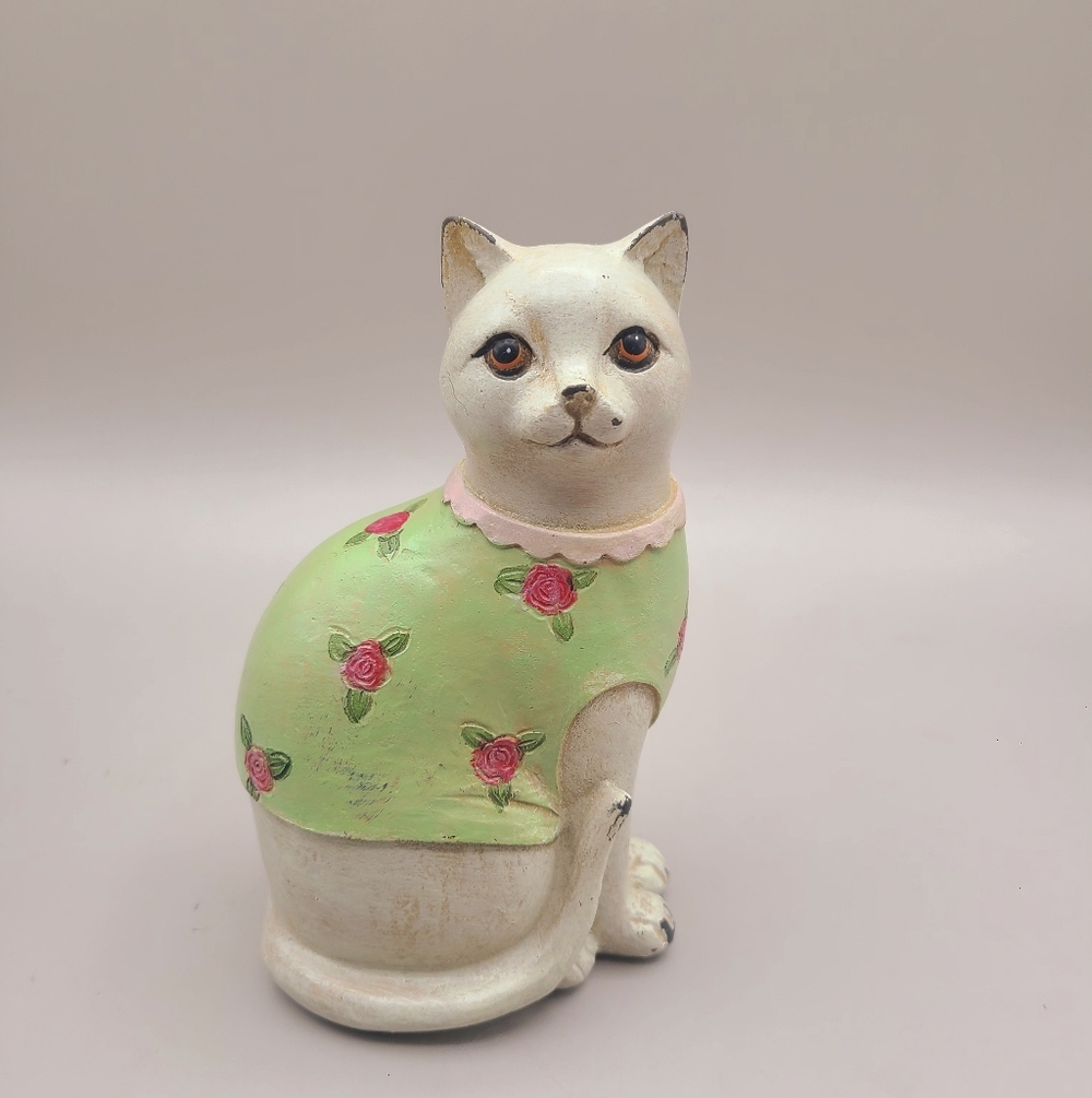 Charming Cat Figurine Wearing Green & Pink Floral Sweater